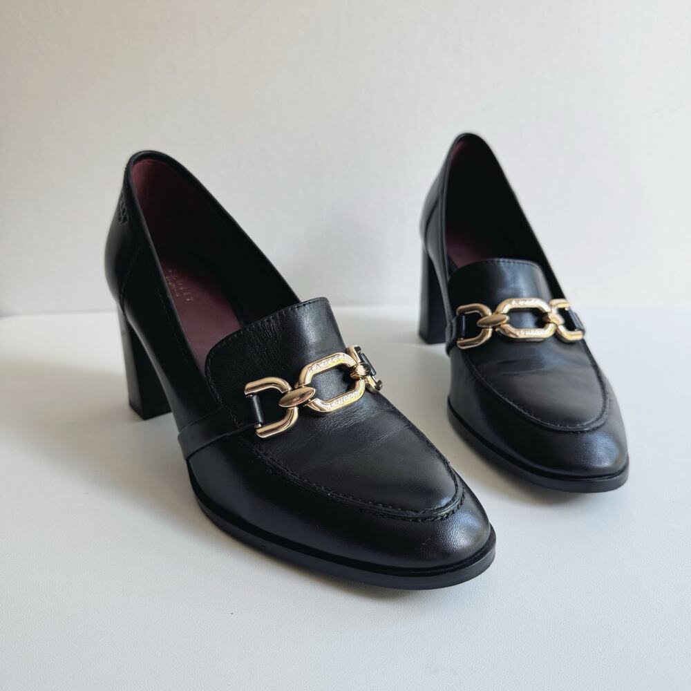 Radley London Black Leather Cavendish Mews Chunky Chain Heeled Loafer Size 38/8